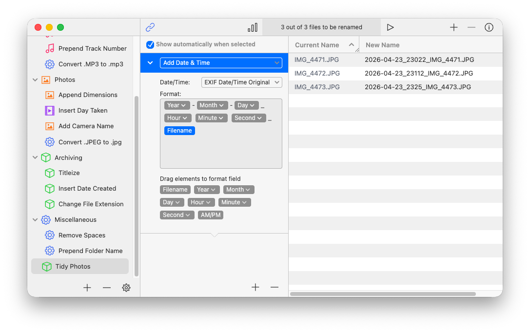 Renamer Date & Time setup screenshot