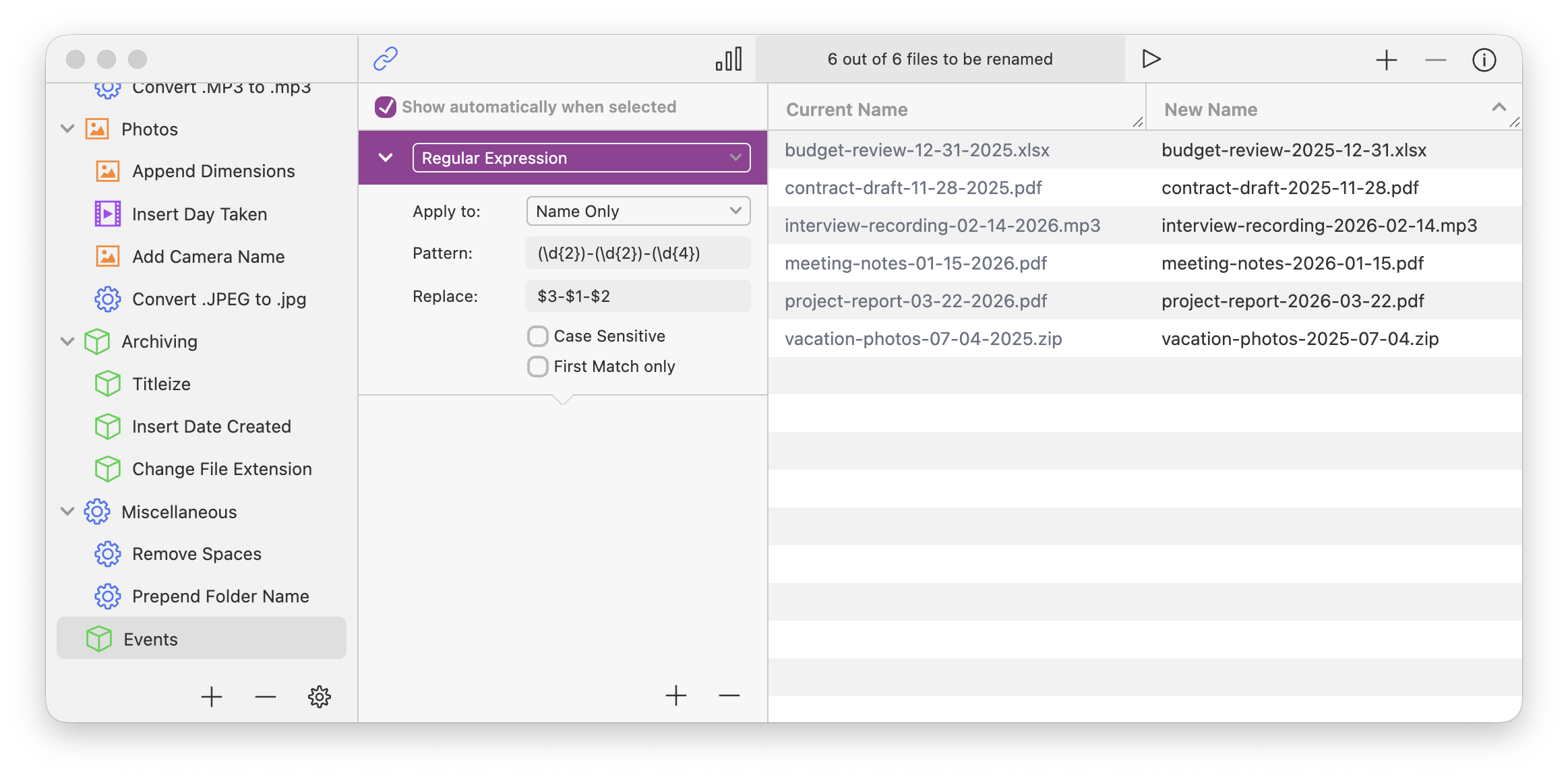 Renamer with the regex action configured